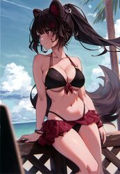  absurdres animal_ears arm_support bare_shoulders bikini bikini_skirt bracelet breasts brown_hair cleavage closed_mouth cloud cloudy_sky collarbone day female fingernails hair_bobbles hair_ornament hairclip heterochromia high_ponytail highleg highleg_bikini highres inui_toko jewelry kuro-kun_(nablack) large_breasts long_hair navel nijisanji ocean outdoors ponytail red_eyes scan shiny_skin sky smile solo stomach swimsuit tail thighs virtual_youtuber water yellow_eyes 