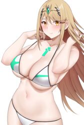  alternate_costume arind_yudha bikini blonde_hair blush breasts cleavage closed_mouth earrings female hair_ornament hands_up highres jewelry large_breasts long_hair mythra_(radiant_beach)_(xenoblade) mythra_(xenoblade) navel simple_background smile solo stomach swimsuit white_background white_bikini xenoblade_chronicles_(series) xenoblade_chronicles_2 yellow_eyes 