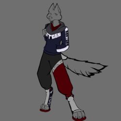  1:1 absurd_res anthro biohound blue_clothing blue_hoodie blue_topwear bottomwear branded_clothing canid canine canis cheek_tuft clothing facial_tuft fluffy fluffy_tail footwear hi_res hoodie male mammal pants shoes solo sweatpants tail topwear tuft unfinished wolf worldbuilding 