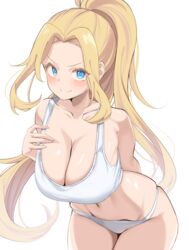  arm_behind_back beatrix_amerhauser bikini_bridge blonde_hair blush bra breasts cleavage closed_mouth female highres karatakewari large_breasts long_hair navel panties sidelocks simple_background smile solo standing underwear underwear_only white_background white_bra white_panties zom_100:_zombie_ni_naru_made_ni_shitai_100_no_koto 