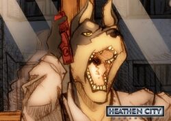  angry anthro ayato black_nose canid canine canis cellphone distasty dobermann domestic_dog electronics english_text heathen_city male mammal open_mouth phone pinscher q._i._malloy solo teeth_showing text tongue_showing white_dress_shirt yellow_eyes 