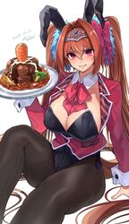  absurdres alternate_costume animal_ears antenna_hair black_pantyhose blush breasts brown_hair carrot cleavage commentary_request daiwa_scarlet_(umamusume) dated detached_collar fake_animal_ears female food gashitani hair_between_eyes hair_intakes hamburger_steak highres holding holding_plate horse_tail jacket large_breasts leotard long_hair looking_at_viewer napolitan oerba_yun_fang pantyhose pasta plate playboy_bunny rabbit_ears red_eyes red_jacket signature simple_background sitting skin_fang solo spaghetti strapless strapless_leotard tail tiara twintails umamusume very_long_hair wavy_mouth white_background wing_collar 