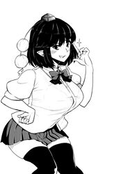  bow bowtie bra breasts cowboy_shot female greyscale grin hand_on_own_hip hat himajin_noizu large_breasts looking_at_viewer microskirt monochrome pleated_skirt pointy_ears pom_pom_(clothes) puffy_short_sleeves puffy_sleeves see-through see-through_shirt shameimaru_aya shirt short_hair short_sleeves simple_background skirt smile solo sparkle teeth thighhighs tokin_hat touhou underwear white_background 