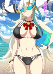  bikini blue-tinted_eyewear breasts commentary_request fate/grand_order fate_(series) female highres horns huge_horns large_breasts long_hair long_horns looking_at_viewer mokichi_(nvzy3n) ocean olga_marie_animusphere orange_eyes smile solo sunglasses swimsuit tinted_eyewear translation_request u-olga_marie white_hair 