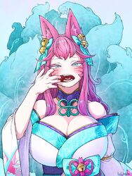  ahri_(league_of_legends) alternate_hair_color animal_ear_fluff animal_ears artist_name bare_shoulders bell blue_tail blush breasts cleavage collarbone commentary_request facial_mark fangs female finger_in_own_mouth fox_ears fox_girl fox_tail gradient_hair hair_bell hair_ornament highres huge_breasts kitsune korean_commentary league_of_legends lolboja long_hair looking_at_viewer multicolored_hair multiple_tails official_alternate_costume open_mouth pink_hair purple_hair saliva_drip solo spirit_blossom_(league_of_legends) spirit_blossom_ahri tail teeth tongue wavy_hair whisker_markings 