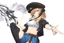  au_ra belt belt_buckle black_hat black_jacket black_thighhighs blue_eyes blue_nails blue_shorts breasts brown_belt brown_hair buckle closed_mouth commentary_request commission crop_top dragon_horns feet_out_of_frame female final_fantasy final_fantasy_xiv gun hat highres holding holding_gun holding_weapon horns jacket long_hair looking_at_viewer machinist_(final_fantasy) medium_breasts midriff nail_polish open_clothes open_jacket original partial_commentary peaked_cap pointing ponta_(velmar) puffy_short_sleeves puffy_sleeves scales short_shorts short_sleeves shorts simple_background skeb_commission smile solo thighhighs warrior_of_light_(ff14) weapon white_background 