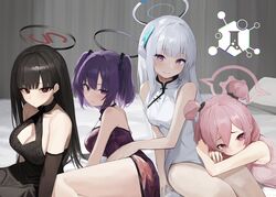  4girls black_hair blue_archive breasts china_dress chinese_clothes commentary_request dio_nand double_bun dress grey_hair hair_bun halo headgear highres koyuki_(blue_archive) long_hair mechanical_halo multiple_girls multiple_halos noa_(blue_archive) pink_hair purple_eyes purple_hair rio_(blue_archive) seminar_(blue_archive) two_side_up yuuka_(blue_archive) 