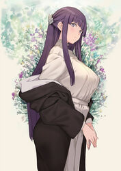  absurdres black_coat blush breasts coat dress female fern_(sousou_no_frieren) flower hair_ornament half_updo highres large_breasts long_hair long_sleeves looking_at_viewer off_shoulder purple_eyes purple_hair sidelocks solo sousou_no_frieren standing tokopi white_dress 