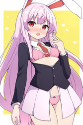  adapted_costume animal_ears black_jacket blazer blush bra breasts cameltoe cowboy_shot female hair_between_eyes highres jacket long_hair long_sleeves open_mouth panties pink_bra pink_panties pink_skirt pleated_skirt purple_hair rabbit_ears red_eyes reisen_udongein_inaba revealing_clothes rizento skirt small_breasts solo touhou underwear 