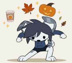  2023 2d_animation animated anthro aseethe autumn barefoot bottomwear canid canine canis clothed clothing coffee_cup container cup dancing digital_media_(artwork) domestic_dog dot_eyes feet fur grey_body grey_fur grey_spots hi_res jack-o&#039;-lantern leaf mammal maple_leaf markings motion_tweening short_playtime shorts simple_background solo sparkles spots spotted_body spotted_fur 