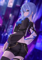  absurdres alley ass blue_eyes blue_hair blurry blurry_background breasts capsule_(hololive) chains crop_top earrings female from_behind highres hololive hoshimachi_suisei jewelry long_sleeves looking_at_viewer looking_back midriff night official_alternate_costume short_shorts shorts sidelocks single_thighhigh small_breasts solo star_(symbol) star_earrings star_in_eye symbol_in_eye thigh_strap thighhighs thighs tokiyanagi virtual_youtuber 