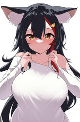  animal_ear_fluff animal_ears black_hair blush breasts closed_mouth female hair_between_eyes hololive large_breasts long_hair long_sleeves looking_at_viewer multicolored_hair ookami_mio ookami_mio_(casual) red_hair shirt solo streaked_hair terazip upper_body virtual_youtuber white_shirt wolf_ears wolf_girl yellow_eyes 