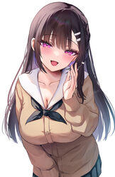  :d black_hair breasts brown_cardigan calm_mashiro cardigan cleavage collarbone commentary_request female hair_ornament hairclip large_breasts long_hair looking_at_viewer ohtsuka_miyako_(calm_mashiro) open_mouth original purple_eyes school_uniform simple_background smile solo white_background 