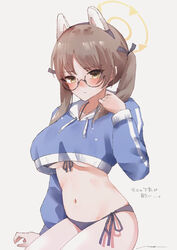  amahara_nue animal_ears bikini black_bikini blue_archive blue_shirt blush breasts brown_hair cropped_shirt fake_animal_ears female front-tie_bikini_top front-tie_top halo large_breasts looking_at_viewer moe_(blue_archive) moe_(swimsuit)_(blue_archive) navel official_alternate_costume rabbit_ears shirt side-tie_bikini_bottom solo stomach swimsuit translation_request twintails underboob 