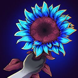  1:1 amorous anthro black_hands blue_sunflower canid canine flower fox fur grey_body grey_fur hi_res holding_flower holding_object jye kabscorner love male mammal misleading_thumbnail plant skye_(amorous) solo sunflower 