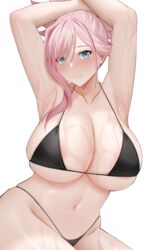  absurdres alternate_costume arind_yudha armpits arms_up bikini black_bikini blue_eyes blush breasts collarbone commentary fate/grand_order fate_(series) female highres large_breasts looking_at_viewer medium_hair miyamoto_musashi_(fate) navel simple_background smile solo stomach swimsuit underboob white_background 