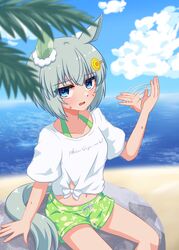  absurdres animal_ears bikini blue_eyes blue_sky blurry blurry_foreground cloud cloudy_sky commentary_request day ear_covers fanning_self female gaze_on_me!_outfit_(umamusume) green_bikini grey_hair hair_ornament hairclip highres horse_ears horse_girl lexis_yayoi ocean official_alternate_costume outdoors palm_tree seiun_sky_(umamusume) shirt short_sleeves single_ear_cover sitting sky solo sweat sweatdrop swimsuit teeth tree umamusume upper_body water white_shirt 