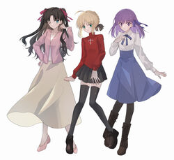  3girls absurdres ahoge artoria_pendragon_(fate) black_footwear black_pantyhose black_thighhighs blonde_hair boots braid brown_footwear brown_ribbon brown_skirt collarbone collared_shirt commentary_request cosplay costume_switch cross_print fate/stay_night fate_(series) hair_ribbon hand_up high-waist_skirt highres jacket long_hair long_skirt long_sleeves matou_sakura matou_sakura_(cosplay) medium_skirt miniskirt multiple_girls nayu_tundora neck_ribbon one_eye_closed pantyhose parted_bangs pink_footwear pink_hair pink_jacket pleated_skirt purple_ribbon red_ribbon ribbon saber_(fate) saber_(fate)_(cosplay) shirt shoes short_hair skirt thighhighs tohsaka_rin tohsaka_rin_(cosplay) twintails white_shirt zettai_ryouiki 