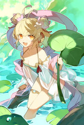  andira_(granblue_fantasy) andira_(summer)_(granblue_fantasy) animal_ears antenna_hair aqua_one-piece_swimsuit artist_name bare_shoulders blonde_hair breasts casual_one-piece_swimsuit cleavage commentary cyenmi3 double_bun erune female granblue_fantasy green_theme hagoromo hair_bun happy highres holding holding_leaf leaf lily_pad looking_at_viewer lotus_leaf monkey_ears one-piece_swimsuit open_mouth orange_eyes oversized_object shawl short_hair sitting small_breasts smile soaking_feet solo swimsuit swimsuit_cover-up thigh_strap water 