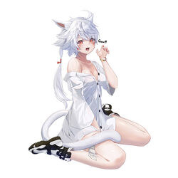  :d absurdres animal_ear_fluff animal_ears bangle between_legs bracelet breasts cat_ears cat_girl cat_tail claw_pose cleavage collared_shirt commentary_request commission dress_shirt female final_fantasy final_fantasy_xiv full_body grey_hair hair_between_eyes hand_between_legs hand_up highres jewelry long_hair medium_breasts miqo&#039;te nail_polish naked_shirt off_shoulder orange_eyes partial_commentary ponta_(velmar) red_nails shirt shoes short_sleeves simple_background sitting skeb_commission smile solo tail very_long_hair wariza warrior_of_light_(ff14) white_background white_footwear white_shirt wide_sleeves 