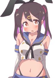  bare_shoulders black_hair black_panties blue_skirt blush breasts brown_eyes cleavage cosplay crop_top elbow_gloves female gloves hair_between_eyes hair_ornament hair_ribbon hairclip hatafuta highleg highleg_panties kantai_collection long_hair looking_at_viewer medium_breasts midriff multicolored_hair onii-chan_wa_oshimai! open_mouth oyama_mihari panties purple_hair red_ribbon ribbon sailor_collar shimakaze_(kancolle) shimakaze_(kancolle)_(cosplay) sidelocks simple_background skirt solo twintails underwear white_background 