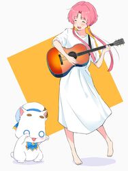  acoustic_guitar andanden aria_(manga) aria_pokoteng barefoot beret blue_bow blue_bowtie blush bow bowtie closed_eyes collarbone dress eyelashes feline female gold_trim grey_background guitar hair_ornament hair_tubes hat hat_ribbon highres holding holding_instrument instrument long_dress mizunashi_akari music open_mouth pink_hair playing_instrument ribbon shadow short_hair_with_long_locks short_sleeves standing standing_on_one_leg toenails toes two-tone_background white_cat white_dress white_headwear yellow_background 