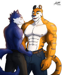  5:6 abs absurd_res alkan anthro belt belt_buckle big_pecs blue_body blue_fur bottomwear buckle canid canine clothed clothing duo felid frosted_flakes fur hi_res kellogg&#039;s male male/male mammal mascot multicolored_body multicolored_fur muscular muscular_male navel nipples open_mouth orange_body orange_fur pantherine pants pants_only pecs suit_pants tiger tony_the_tiger topless topless_anthro topless_male two_tone_body two_tone_fur white_body white_fur yellow_eyes 