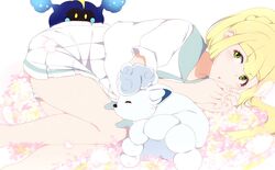  alolan_vulpix blonde_hair blunt_bangs blush cosmog eyelashes falling_petals fate_no_keshin female flower_bed green_eyes knees_to_chest lillie_(pokemon) long_hair looking_at_viewer lying on_side open_mouth own_hands_together peeking_out petals pink_nails pleated_skirt pokemon pokemon_sm ponytail shirt skirt sleeping_animal white_background white_shirt white_skirt 