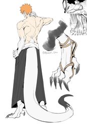  1boy absurdres animal_feet animal_hands asure_(asure_twi) back barefoot black_pants bleach clawed_feet claws digitigrade facing_away full_body hand_on_own_hip hand_on_own_neck hand_up highres kurosaki_ichigo male_focus monster_boy no orange_hair pants reference_inset sandals short_hair simple_background solo spiked_hair tail toned toned_male topless_male twitter_username white_background zouri 