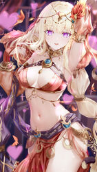  absurdres age_fx arm_behind_head arm_up armlet armpits bare_shoulders belly_chain bikini blonde_hair blush bracelet bracer braid braided_ponytail breasts brooch circlet cleavage dancer detached_sleeves elf female fire_hair_ornament hair_ornament heart heart-shaped_pupils highres hypnosis jewelry large_breasts long_hair looking_at_viewer mind_control navel neck_ring o-ring official_alternate_costume orange_bikini pointy_ears princess_connect! purple_eyes saren_(princess_connect!) saren_(sarasaria)_(princess_connect!) sarong sidelocks smile solo swimsuit symbol-shaped_pupils thighs variant_set 