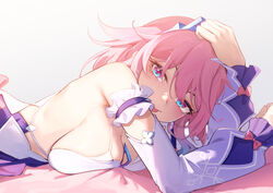  :p armband armpit_peek bare_shoulders bed_sheet blue_eyes bow breasts cleavage closed_mouth commentary dress female frilled_armband frills hair_between_eyes honkai:_star_rail honkai_(series) huge_breasts ling_huanxiang long_sleeves looking_at_viewer lying march_7th_(dress)_(honkai:_star_rail) march_7th_(honkai:_star_rail) medium_hair official_alternate_costume on_stomach pink_bow pink_eyes pink_hair pleated_sleeves purple_armband purple_dress purple_sleeves sideboob solo tongue tongue_out two-tone_eyes v-shaped_eyebrows 