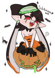  2023 :d bare_shoulders bat_(animal) black_cat black_gloves black_hair black_pantyhose bow-shaped_hair breasts callie_(splatoon) cleavage colored_tongue coula_cat cross-shaped_pupils detached_collar earrings facepaint fangs feline female full_body ghost gloves halloween heart highres inkling jack-o&#039;-lantern jewelry jumpsuit long_hair looking_at_viewer mole mole_under_eye multicolored_hair official_alternate_costume open_mouth orange_hair orange_jumpsuit orange_tongue pantyhose pointy_ears red_eyes red_pupils short_jumpsuit simple_background small_breasts smile solo sparkle splatoon_(series) splatoon_3 strapless strapless_jumpsuit symbol-shaped_pupils teeth tentacle_hair two-tone_hair very_long_hair white_background 