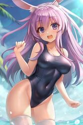  animal_ear_fluff animal_ears arm_up blue_one-piece_swimsuit breasts choujigen_game_neptune_mk2 cloud covered_navel covered_nipples female groin highleg highleg_swimsuit kazuneko_(wktk1024) large_breasts long_hair looking_at_viewer nepgear neptune_(series) one-piece_swimsuit open_mouth outdoors purple_eyes purple_hair rabbit_ears school_swimsuit sky smile solo swimsuit taut_clothes taut_swimsuit thighhighs thighs wading water white_thighhighs 