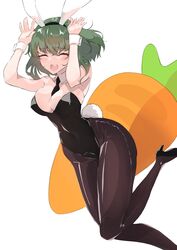  absurdres animal_ears arms_up black_footwear black_leotard black_pantyhose breasts carrot closed_eyes detached_collar female green_hair high_heels highres itocoh kazami_yuuka leotard pantyhose rabbit_ears short_hair simple_background solo tail touhou white_background wrist_cuffs 