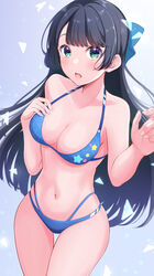  absurdres arms_up bare_shoulders bikini black_hair blue_background blue_bikini blue_bow blunt_bangs blush bow breasts cleavage collarbone commentary_request cowboy_shot d4dj female fingernails gradient_background green_eyes hairbow halterneck hand_on_own_chest highres long_hair looking_at_viewer medium_breasts multi-strapped_bikini_bottom navel parted_lips print_bikini solo star_(symbol) star_print stomach swimsuit thigh_gap togetsu_rei very_long_hair yuzu_ponzu_(vgah7445) 