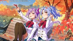  2girls :d arm_at_side arm_up assault_lily autumn autumn_leaves bench black_footwear black_shirt black_thighhighs blue_hair blue_skirt blue_sky blurry blurry_foreground blush bow bowtie breasts brown_pantyhose bush buttons closed_mouth commentary_request convenient_leg cowboy_shot day falling_leaves floating_hair frilled_skirt frills hair_ornament hair_ribbon hand_in_own_hair hand_up herensuge_girls_academy_school_uniform highres holding holding_leaf jacket knees_up leaf leaf_on_head long_sleeves looking_ahead looking_up makino_mitake matsumura_fuuka medium_breasts miniskirt multiple_girls official_art on_bench open_mouth outdoors outstretched_arm pantyhose park_bench pink_eyes pink_ribbon ponytail purple_hair red_bow red_bowtie ribbon school_uniform shirt shoes short_hair side-by-side sitting skirt sky smile tassel tassel_hair_ornament teeth thighhighs thighhighs_over_pantyhose tree twintails upper_teeth_only wantan_meo watermark white_jacket yellow_eyes 