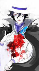  1boy bad_id bad_pixiv_id black_cape black_hair blending blood blood_on_clothes blood_splatter blue_eyes blue_necktie bungou_to_alchemist butterfly_brooch cape cape_tug edogawa_ranpo_(bungou_to_alchemist) eyeshadow flower gloves hair_between_eyes hand_up hat ichimoku_(tansio5) jacket lips makeup male_focus monocle mystical_high_collar necktie parted_lips purple_shirt red_eyeshadow red_flower red_rose rose shirt short_hair single_glove smile solo straight-on suit_jacket top_hat upper_body white_background white_gloves white_jacket 