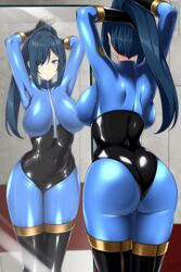  adjusting_hair arms_behind_head backboob black_bodysuit black_gloves black_thighhighs blu_pyro_(tf2) blue_bodysuit blue_eyes blue_hair bodysuit breasts closed_mouth commentary commission english_commentary female genderswap_(otf) gloves highres large_breasts lindaroze long_hair mirror ponytail pyro_(tf2) reflection rule_63 smile solo standing team_fortress_2 thighhighs two-tone_bodysuit zipper 