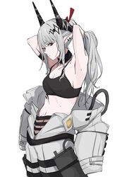  absurdres adesu_(gekkahyouzin) arknights armpits arms_behind_head arms_up bare_arms bare_shoulders black_collar breasts cleavage collar commentary ear_piercing female grey_hair groin hair_between_eyes highres horns jumpsuit jumpsuit_around_waist long_hair medium_breasts mudrock_(arknights) piercing pointy_ears red_eyes simple_background solo very_long_hair white_background white_jumpsuit 