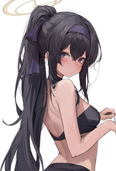  bikini black_bikini black_hair blue_archive breasts female hairband halo highres leviathan_(hikinito0902) long_hair looking_at_viewer medium_breasts official_alternate_costume ponytail purple_eyes purple_hairband simple_background solo swimsuit ui_(blue_archive) ui_(swimsuit)_(blue_archive) upper_body white_background yellow_halo 