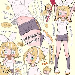  1boy 3girls :3 akita_neru alternate_hairstyle aqua_eyes arms_behind_head blonde_hair blush bow breasts character_name chibi close-up grey_shorts grey_socks grin hairbow headphones headset highres jumping kagamine_len kagamine_rin lily_(vocaloid) long_hair looking_at_viewer midriff midriff_peek multiple_girls multiple_views navel nnc225 oerba_yun_fang one_eye_closed petite shirt shoes short_ponytail shorts side_ponytail sideways_glance single_vertical_stripe skin_fang small_breasts smile sneakers socks spiked_hair sportswear stretching sweat swept_bangs t-shirt translation_request tsurime vocaloid white_bow white_footwear yellow_background 