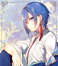  absurdres asymmetrical_hair blue_eyes blue_hair blue_hakama breasts closed_mouth earrings elbow_on_knee excalibur_academy_uniform female from_side hakama hakama_skirt highres japanese_clothes jewelry long_sleeves looking_at_viewer looking_to_the_side medium_breasts medium_hair official_art sakuya_sieglinde seiken_gakuin_no_maken_tsukai short_hair sitting skirt solo tassel tassel_earrings textless_version toosaka_asagi 