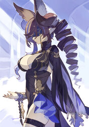  animal_ears arm_at_side artist_name black_dress black_nails blindfold breasts brown_hair cleavage cleavage_cutout closed_mouth clothing_cutout cowboy_shot cyenmi3 dress drill_hair female from_side galleon_(granblue_fantasy) galleon_(life&#039;s_compassionate_observer)_(granblue_fantasy) granblue_fantasy highres horns large_breasts long_hair long_sleeves multicolored_hair pointy_ears sidelocks solo streaked_hair turtleneck 