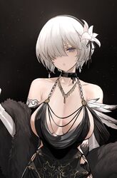  2b_(nier:automata) apron bare_shoulders black_dress breasts choker cleavage covered_eyes cropped detached_sleeves dishwasher1910 dress elbow_gloves female flower fur-trimmed_sleeves fur_trim garter_straps gloves grey_eyes hair_flower hair_ornament highres large_breasts long_dress looking_at_viewer nier:automata nier_(series) no_blindfold revealing_clothes robot short_hair side_slit sideboob solo two-sided_dress two-sided_fabric upper_body white_flower white_gloves white_hair 