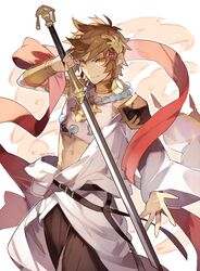  1boy abs armor artist_name belt black_pants brown_hair closed_mouth cowboy_shot crop_top cyenmi3 eyeliner gran_(granblue_fantasy) granblue_fantasy hagoromo hair_ornament hair_tubes highres holding holding_sword holding_weapon jewelry looking_at_viewer makeup male_focus necklace pants ring robe shawl shirt short_hair shoulder_armor sidelocks sleeveless sleeveless_shirt smile smoke solo standing sword vambraces weapon white_background white_robe white_shirt yamato_(granblue_fantasy) yellow_eyes 