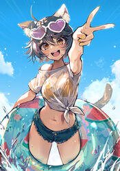  :d animal_ear_fluff animal_ears bikini bikini_under_clothes black_hair blue_sky blush brown_eyes cat_ears cat_tail commission cutoffs day denim denim_shorts eyewear_on_head female foreshortening hair_between_eyes heart heart-shaped_eyewear highres indie_virtual_youtuber innertube kokago_maru looking_at_viewer navel outdoors shirt shorts skeb_commission sky smile solo swim_ring swimsuit tail tied_shirt v virtual_youtuber water yellow_bikini yellow_nails yoruhachi 