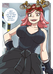  black_gloves black_tank_top boku_no_hero_academia breasts clothes_around_waist commentary_request crosshair_pupils english_commentary english_text female gloves goggles goggles_on_head hatsume_mei large_breasts looking_at_viewer medium_hair mixed-language_commentary open_mouth pink_hair redjet solo speech_bubble sweater sweater_around_waist tank_top yellow_eyes 