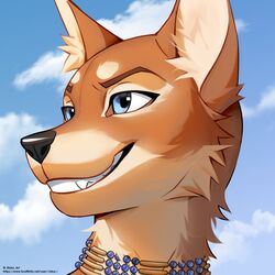  1:1 2023 absurd_res anthro black_nose blue_eyes brown_body brown_fur bruma_(rinzazen) canid canine canis cheek_tuft choker clenched_teeth cloud confident countershade_face countershading detailed_background digital_media_(artwork) english_text ethiopian_wolf eyebrows facial_tuft fluffy fur glistening glistening_eyes hairless headshot_portrait hi_res inner_ear_fluff jewelry looking_away male mammal multicolored_body multicolored_fur necklace open_mouth open_smile outside portrait riska_(artist) sky smile smiling_at_another solo teeth text tuft two_tone_body two_tone_fur url white_body white_fur 