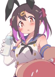  2girls ahoge baby_bottle black_hair black_neckerchief blue_sailor_collar blush bottle breasts brown_eyes brown_hair cosplay crop_top elbow_gloves gloves hair_ribbon hatafuta holding kantai_collection long_hair multicolored_hair multiple_girls neckerchief onii-chan_wa_oshimai! oyama_mahiro oyama_mihari parted_lips purple_hair ribbon sailor_collar shimakaze_(kancolle) shimakaze_(kancolle)_(cosplay) shirt simple_background sleeveless sleeveless_shirt solo_focus sweatdrop twintails white_background white_gloves 