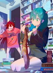  2girls ahoge anal_tail aqua_hair blush book book_stack bookshelf butt_plug can double-parted_bangs embarrassed fake_tail green_eyes green_hair hair_between_eyes highres hipa_(some1else45) holding horns indoors jacket legs long_hair long_sleeves multiple_girls nahia_(some1else45) office_lady open_mouth original red_hair sex_toy shirt side_ahoge sitting skirt some1else45 tail 